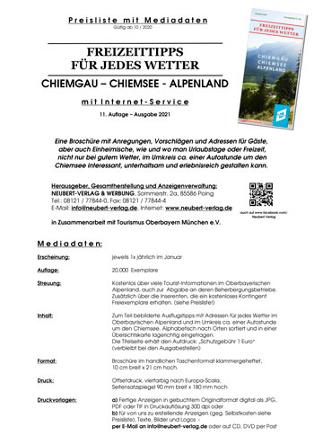 Preisliste Chiemgau - Chiemsee - Alpenland
„Freizeittipps für jedes Wetter“
