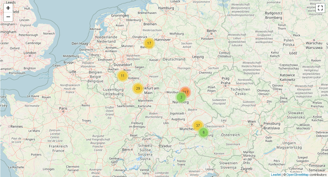 Screenshot mit Link zu dynamischer Kartenübersicht alle Anzeigenkungen. Kartenbasis OpenStreetMap